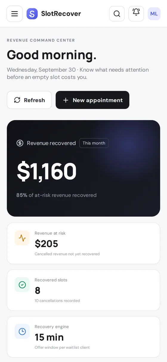 SlotRecover dashboard on a phone