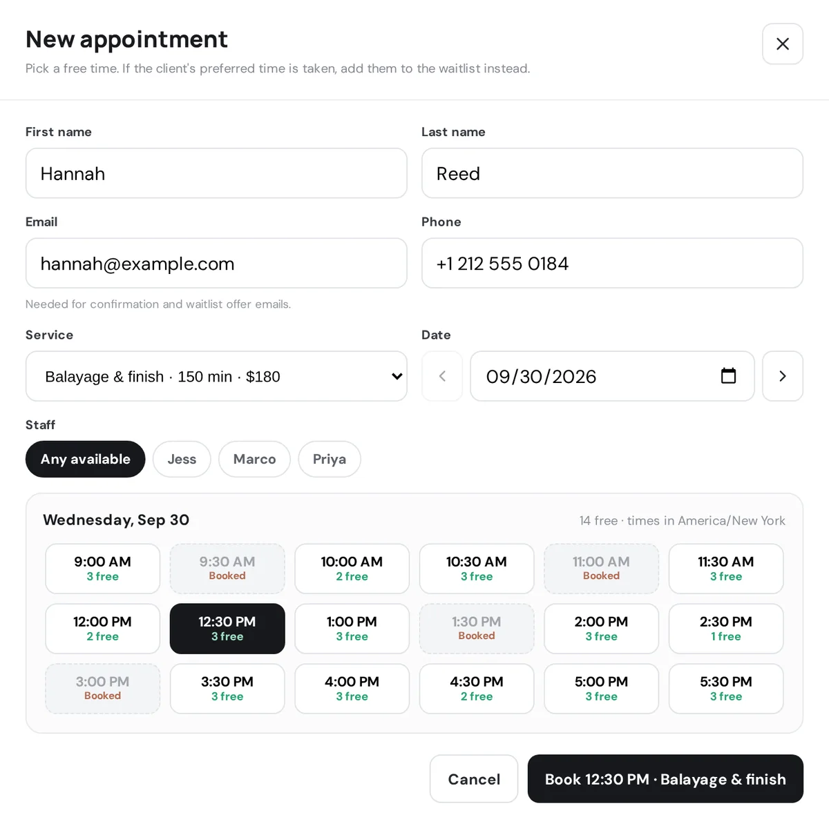 SlotRecover New appointment screen showing free and booked time slots with staff selection