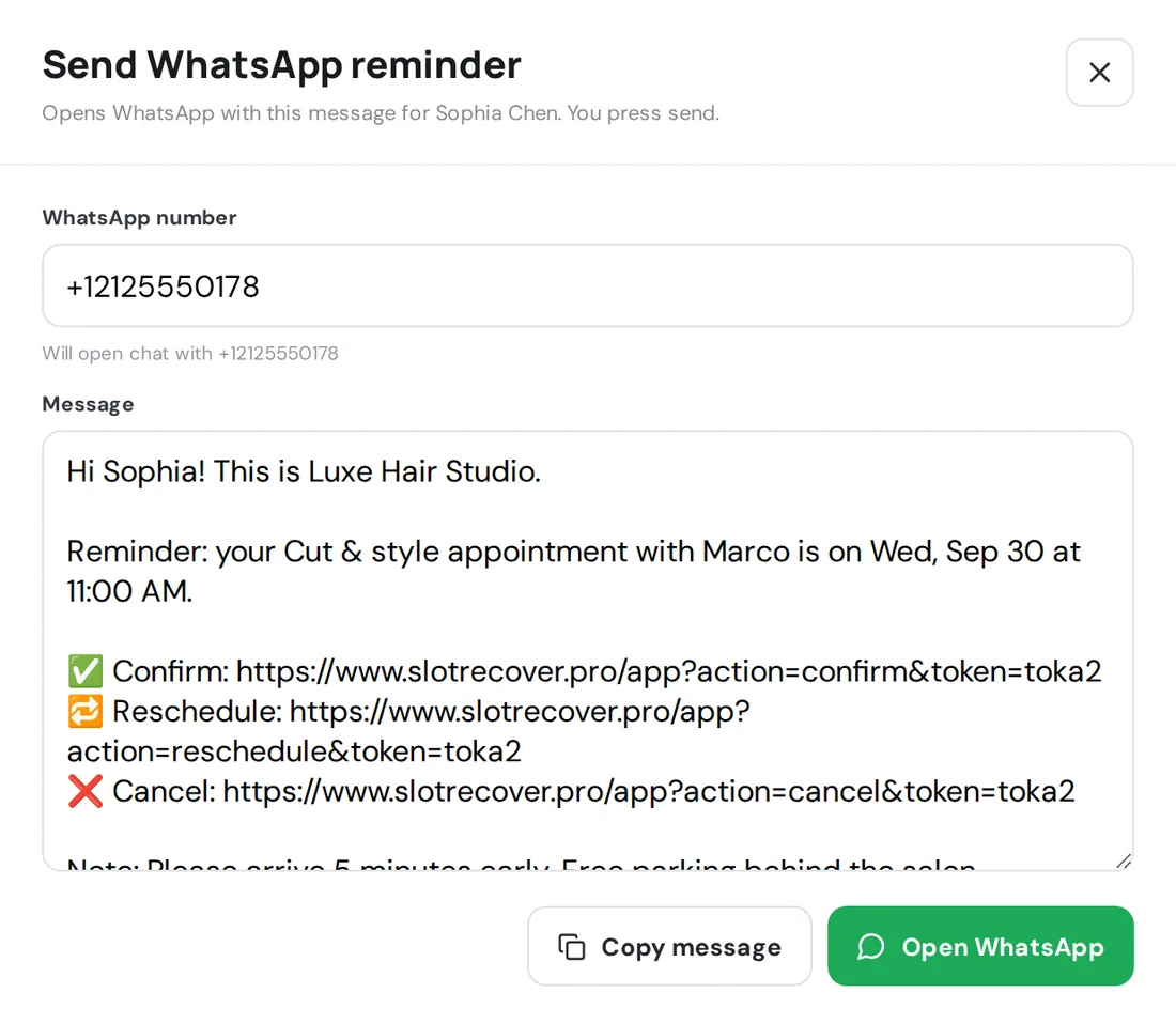SlotRecover WhatsApp reminder with confirm, reschedule and cancel links
